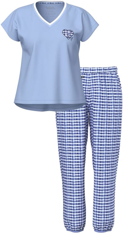 Ulla Popken - Dames - Pyjama ruit V-hals korte mouwen - Vorstblauw - Maat 42+