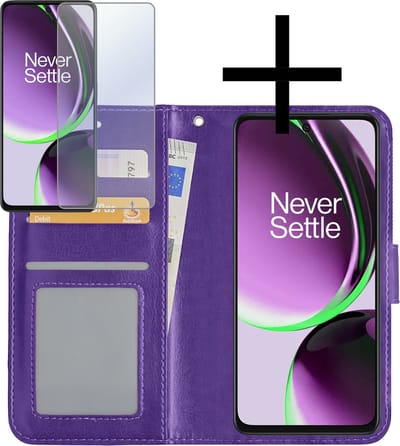 Hoesje - Met Screenprotector - Geschikt voor OnePlus Nord CE 3 Lite - Luxe Pasjeshouder - Bookcase Portemonee - Flip Case - Kunstleer Book Case - Flipcase - Book Cover - Walletcase - Portemonneehoes - Paars