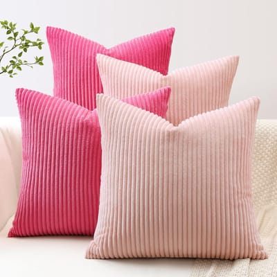 Famanu – Corduroy ribfluweel kussenhoezen set van 4 (60x60 cm) – boho decoratie – roze/felroze – grote sierkussenhoezen