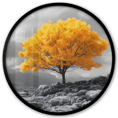 Poster in lijst Rond - Fotolijst 40x40 cm - Posters - Boom - Geel - Natuur - Zwart wit - Ronde posterlijst zwart - Decoratie - Wanddecoratie woonkamer - Muurdecoratie slaapkamer