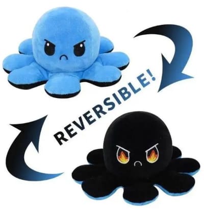 Octopus Mood Omkeerbaar Emotie Pluche Knuffel 15 cm (Zwart/Blauw) - Inktvis Verwisselbaar Omdraaien - TikTok Plush Toy - Speelgoed Knuffels voor Kinderen Jongens Meisjes - Boos Blij Knuffel