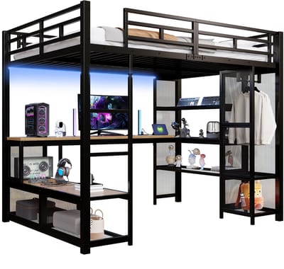 Metalen hoogslaper 140x200 cm - met geïntegreerd bureau - opbergplanken - open kledingkast - USB-aansluiting - LED-verlichting - zwart