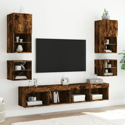vidaXL - 8-delige - tv-wandmeubelset - met - LED - bewerkt - hout - gerookt - eiken
