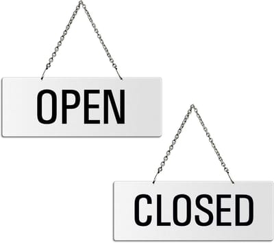 Ophangbord Open Gesloten - Keerbord Dubbelzijdig - Kantoor Deur - Met Metalen Ketting - 175 x 65 mm - Wit