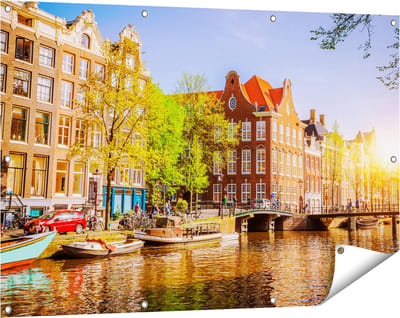 Gards Tuinposter Amsterdamse Gracht tijdens Zonsondergang - 120x80 cm - Tuindoek - Tuindecoratie - Wanddecoratie buiten - Tuinschilderij