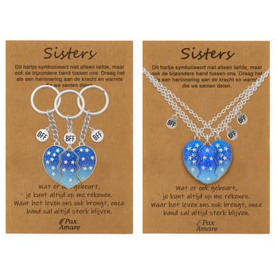 BFF Ketting + Sleutelhanger voor 3 'Sisters' - Magnetisch Blauw Hartje - BFF Ketting + Sleutelhangers op Cadeau Kaartje - Zilverkleurig - Vriendschap Symbool - Pax Amare