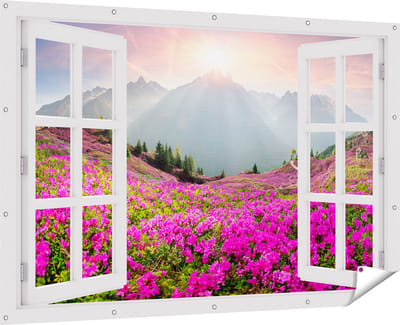 Gards Tuinposter Doorkijk Rhododendron Bloemenveld in de Alpen - 180x120 cm - Tuindoek - Tuindecoratie - Wanddecoratie buiten - Tuinschilderij