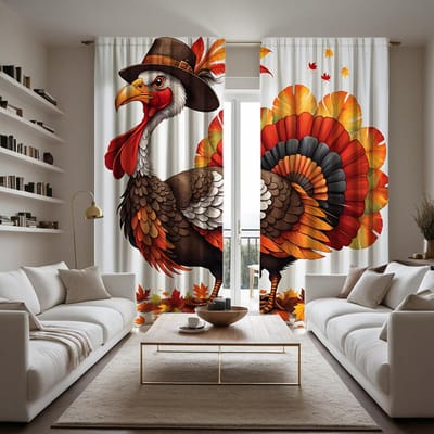 2 pièces de HD Festival de Turquie portant un chapeau haut de forme grand coq rideau décoratif Rideau imprimé numériquement cravate rouge décoration de la maison st W52H63inchW132H160cm black