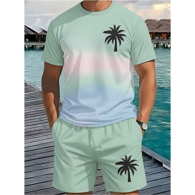 Heren 2-delige Set Hawaïaanse Palmboomprint Heren T-shirt Short Set Casual Heren Korte Mouw Top Outdoor Strand Heren Short 6XL