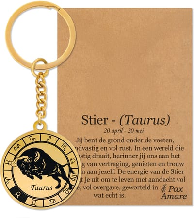 Sterrenbeeld Stier (Taurus) Sleutelhanger op Cadeau Kaartje – Spiritueel Cadeau van Roestvrij Staal – Goudkleurig – Pax Amare