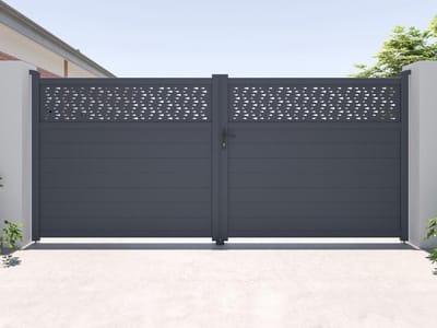 Vente-unique Vleugelpoort in aluminium met deels motieven L397 x H180 cm donkergrijs - BAZIO