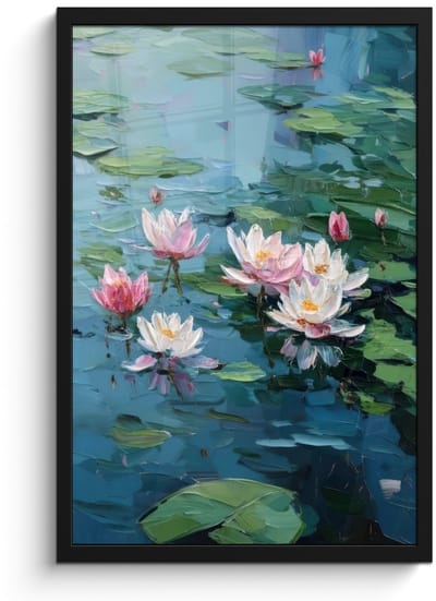 Poster in lijst - Fotolijst 40x60 cm - Posters - Waterlelies - Bloemen - Roze - Water - Posterlijst zwart - Decoratie - Wanddecoratie woonkamer - Muurdecoratie slaapkamer