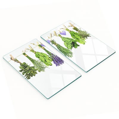 Decoratieve glazen snij- en serveerplanken met kruiden aan een touwtje, 2x30x52 cm