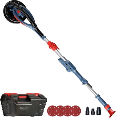 FANZWORK Gipsplaatschuurmachine met borstelloze EC-motor 900W, ultralicht, 225 mm schuurmachine, tot 2300 t/min, lengte tot 1,9 m, incl. LED, 3,8 m kabel, schuurschijven, stofzuigeradapter en draagkoffer