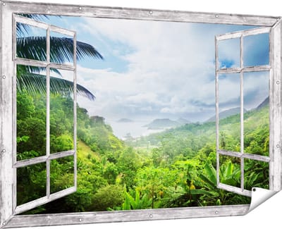 Gards Tuinposter Doorkijk Jungle Uitzicht op de Seychellen - 180x120 cm - Tuindoek - Tuindecoratie - Wanddecoratie buiten - Tuinschilderij