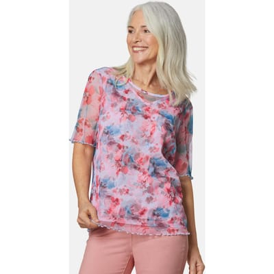 Gedessineerde blouse van heerlijk zacht mesh - smaragd / oranje / gedess. - Gr. 38 van Goldner Fashion