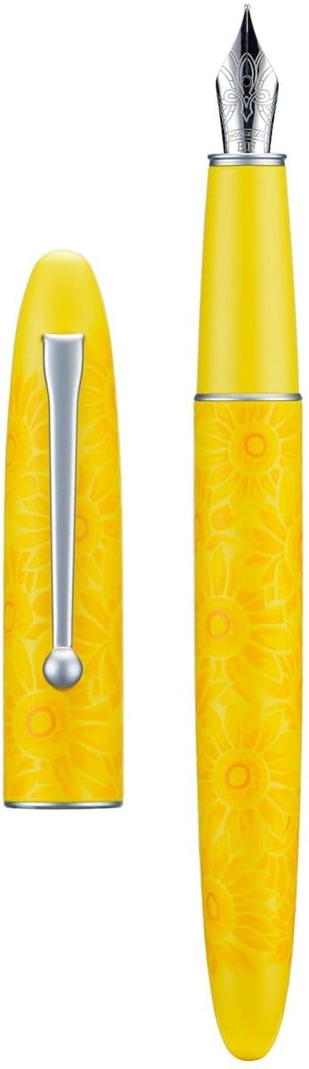 Dailygoods - HONG DIAN C3 Vulpen, Iridium Extra Fijne Zachte Penpunt Chinese Knop Snijwerk, Helder Geel & Zonnebloem Schilderij Ontwerp met Metalen Doosset