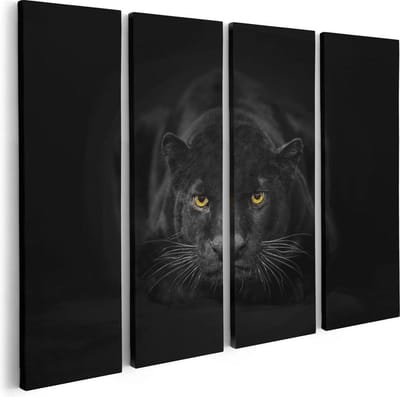 Artaza Canvas Schilderij Vierluik Zwarte Panter Met Oranje Ogen - 80x60 - Foto Op Canvas - Canvas Print