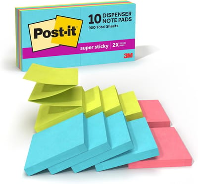 Super Sticky Notitieblokjes 3x3 inch, 10 Pakken, Dubbele Kleefkracht, Felle Neon Kleuren
