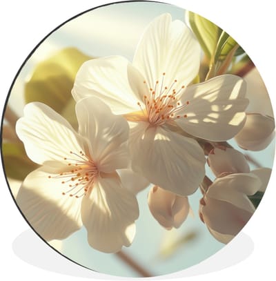 WallCircle - Wandcirkel - Muurcirkel - Bloesems - Wit - Zonnestralen - Bloemblaadjes - Aluminium - Dibond - 30x30 cm - Binnen en Buiten