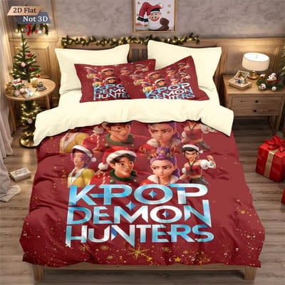 3-delige K-Pop Demon Hunters bedrukte kernloze donzen dekbedset, meerdere maten slaapkamerbeddecoratie, zacht en machinewasbaar 135x200cm-EU-Single&set white