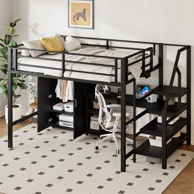 Sweiko Hoogslaper - 140*200 cm - met kleerkast + legplanken + opbergladder + bureau - zonder matras - Zwart