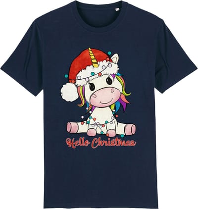 Jongens Meisjes T Shirt - Unicorn Kerstmis - Blauw - Maat 104