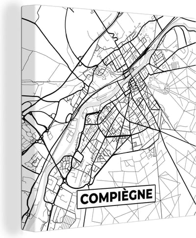 Canvas Schilderij Compiègne - Kaart - Stadskaart - Frankrijk - Plattegrond - Zwart wit - 20x20 cm - Wanddecoratie