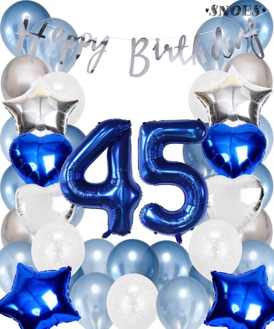 Snoes Ballonnen 45 Jaar Set Mega Blauw Zilver Ballon - Compleet Feestpakket Cijferballon 45 Jaar - Verjaardag Versiering Slinger Happy Birthday – Folieballon – Latex Ballonnen - Helium Ballonnen
