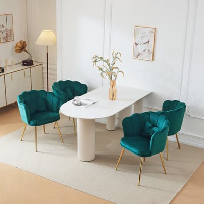 Sweiko Een set van 4-moderne Fluwelen Woonkamer Stoelen, Badkamerstoelen, Bloemblaadjes rug kussens, vergulde metalen poten, en slaapkamer eetkamer vlinder kussens, Groen (geen tafel)