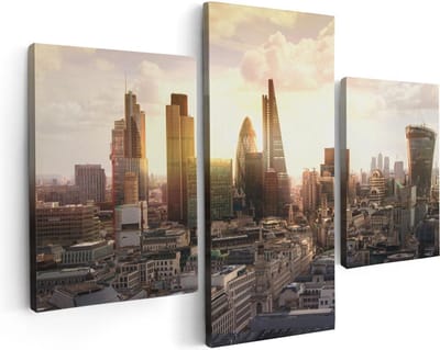 Artaza Canvas Schilderij Drieluik Londen bij Zonsondergang in een Moderne Wijk - 90x60 - Foto Op Canvas - Canvas Print