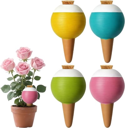 4 stuks terracotta irrigatiestaven voor kamerplanten, automatische waterdispenser met kurkstop, ideaal voor balkonbakken en tuinplanten