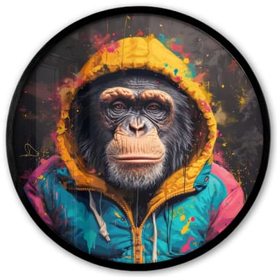 Poster in lijst Rond - Fotolijst 40x40 cm - Posters - Graffiti - Chimpansee - Jas - Aap - Verf - Ronde posterlijst zwart - Decoratie - Wanddecoratie woonkamer - Muurdecoratie slaapkamer