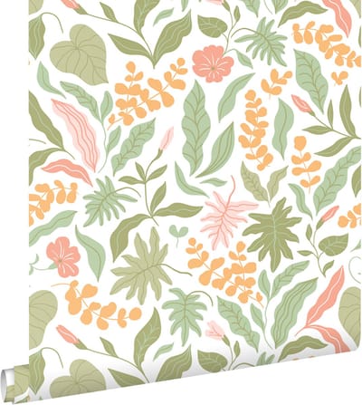 ESTAhome behang bladeren en bloemen groen, roze en oranje - 50 x 900 cm - 131048