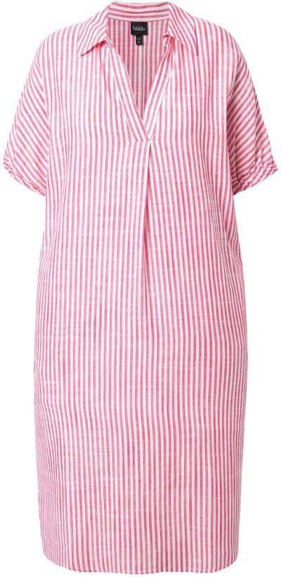 Ulla Popken - Dames - Jurk van linnenmix strepen oversized overhemdkraag - Lichtfuchsia - Maat 54+
