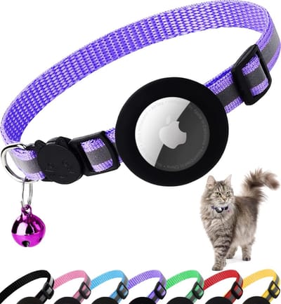 Kattenhalsband Airtag, Reflecterende Halsband voor Katten met Veiligheidssluiting, Air Tag-Beschermhoes en Belletje, Geschikt voor Katten Van Alle Groottes, 1 CM Breed en Lichtgewicht(Paars)