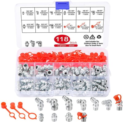 Dailygoods- Smeernippel Set 118 Stuks - M6/M8/M10 Schroefdraad - Rechte/45°/90° Kegelsmeernippels - Vetspuit Accessoires - Gegalvaniseerd Koolstofstaal - Roestbestendig - Smeernippelset