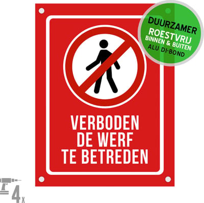 Pictogram/ bord Dibond + boorgaten | "Verboden de werf te betreden" | 27 x 36 cm | Rood | Opvallend | Bouwwerf | Roestvrij | 1 stuk