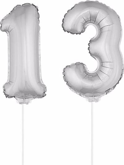 13 jaar leeftijd feestartikelen - versiering cijfers - ballonnen op stokje - van 41 cm - Combi van cijfer 13 - in het zilver