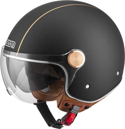 BEON B120 Scooterhelm - S - Jethelm met Zonnevizier - Motorhelm - Geschikt voor Vespa, Scooter, Brommer, Motor en Snorfiets - Mat Zwart met Bruin Leer