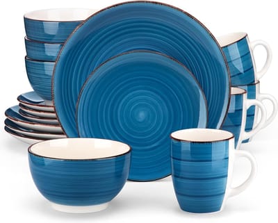 Luxe Serviesset – 16 delig – 4 persoons – Porselein - Bordenset – Dinner platen – Dessertborden - Kommen - Mokken - Blauw