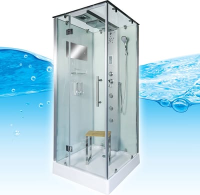 Complete Gesloten Douchecabine 90X90X215 Bargo. MENGKRAAN. Luxe, Kit-Vrij, Wit, Veiligheidsglas, LED, Radio, Speakers, Massage, Hoekmodel, Vierkant, Scharnierdeur, Douchebak, Afvoer, Sifon, Verschillende Modellen, Full Options. Royal Sanitair