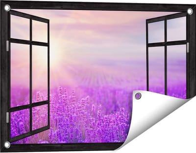 Gards Tuinposter Doorkijk Bloemenveld met Paarse Lavendel - 60x40 cm - Tuindoek - Tuindecoratie - Wanddecoratie buiten - Tuinschilderij