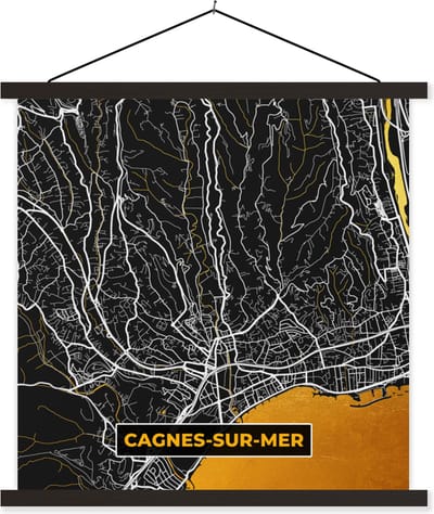 Posterhanger incl. Poster 60x60 cm - Schoolplaat - Frankrijk - Plattegrond - Cagnes-sur-Mer - Stadskaart - Plattegrond - Textielposter - Zwarte latten - Stadskaart