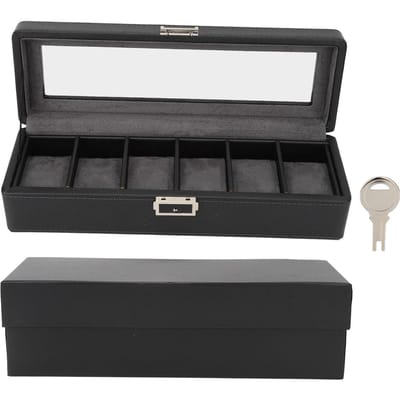 Horlogedoos 6 Vakken Glazen Deksel 1 Laag Sieraden Opbergkoffer voor Dragen Display black