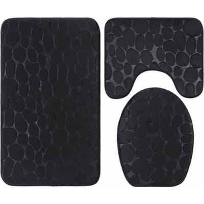 3 Pièces Salle de Bain Galets Gaufrés Tapis de Toilette Bain Antidérapant Tapis de Sol Couvre-Abattant de Toilette Tapis pour black