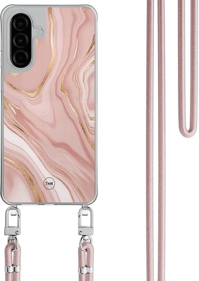 Telefoonhoesje met koord geschikt voor Samsung A36 - Rose marble - Inclusief Rosegoud koord - Transparant, Roze - Marmer - Crossbody beschermhoes - Met Telefoonketting