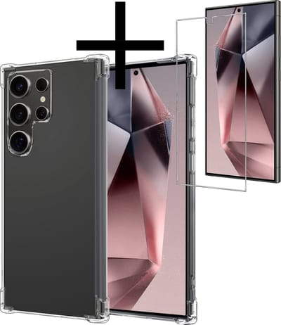 Hoesje - Met Screenprotector - Geschikt voor Samsung Galaxy S24 Ultra - Sterk & Shockproof - Siliconen Case - Back Cover - Telefoon Hoes - Shock Proof - Transparant