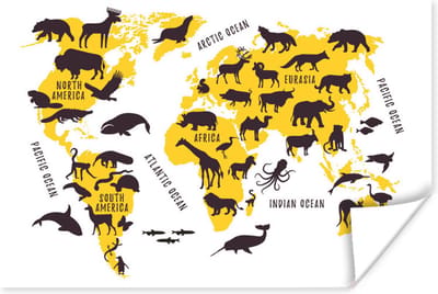 Poster 30x20 cm - Wereldkaart - Geel - Dieren - Posters - Kamer decoratie - Wanddecoratie woonkamer - Muurdecoratie slaapkamer