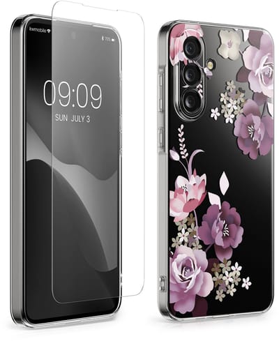 kwmobile telefoonhoesje geschikt voor Samsung Galaxy A57 5G hoes - Telefoonhoesje voor smartphone - Telefoon cover - Met glazen schermbeschermer - Bloesems en rozen design